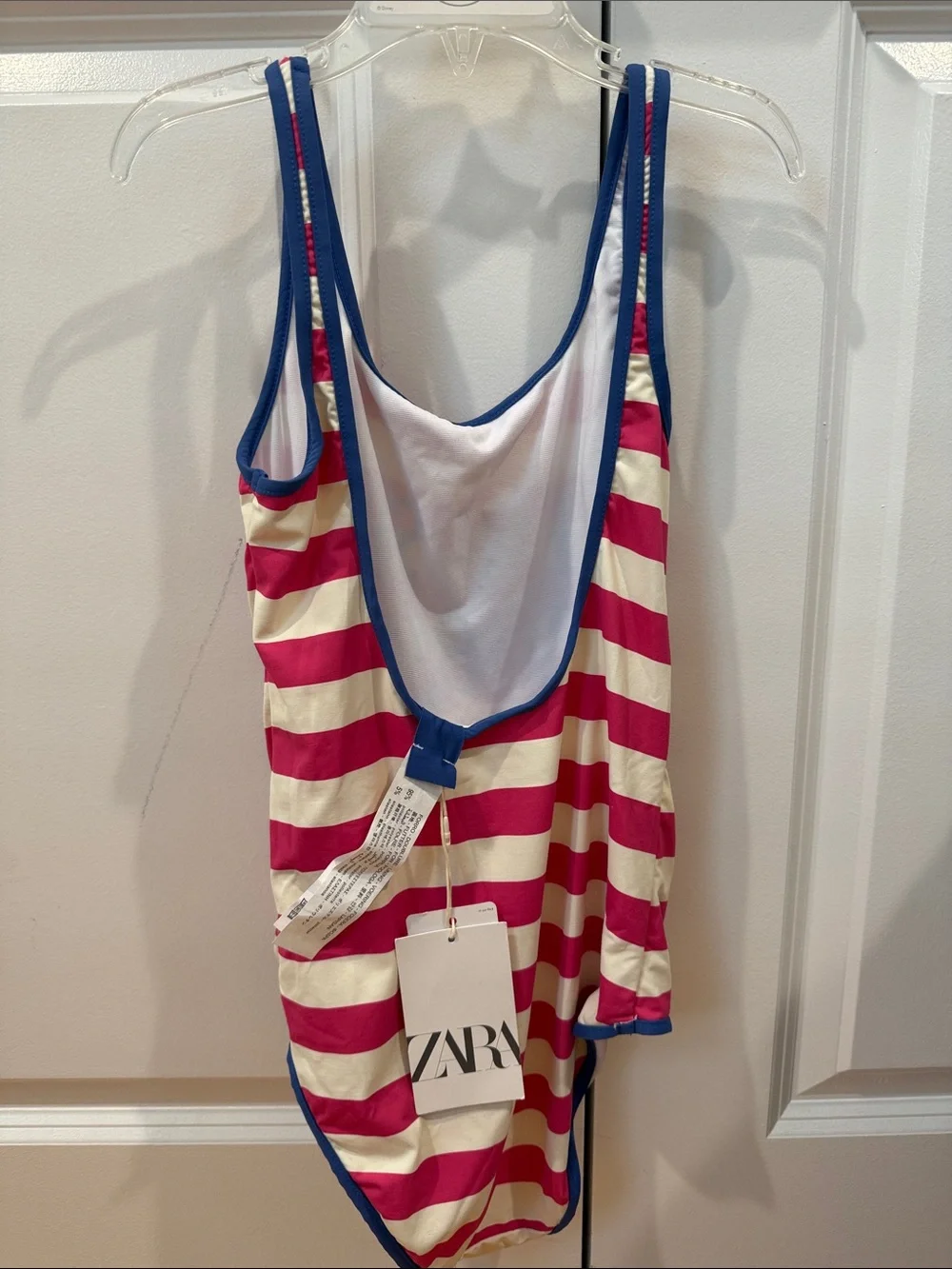 Zara Kids Pink & Cream Stripe One-Piece Swimsuit with Blue Trim